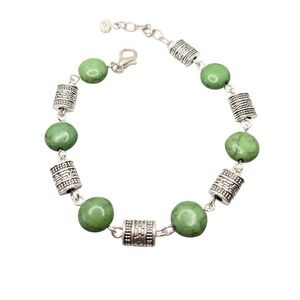 Boho Green Turquoise  & Bali Silver Barrel Link Bracelet Handmade, Art to Wear